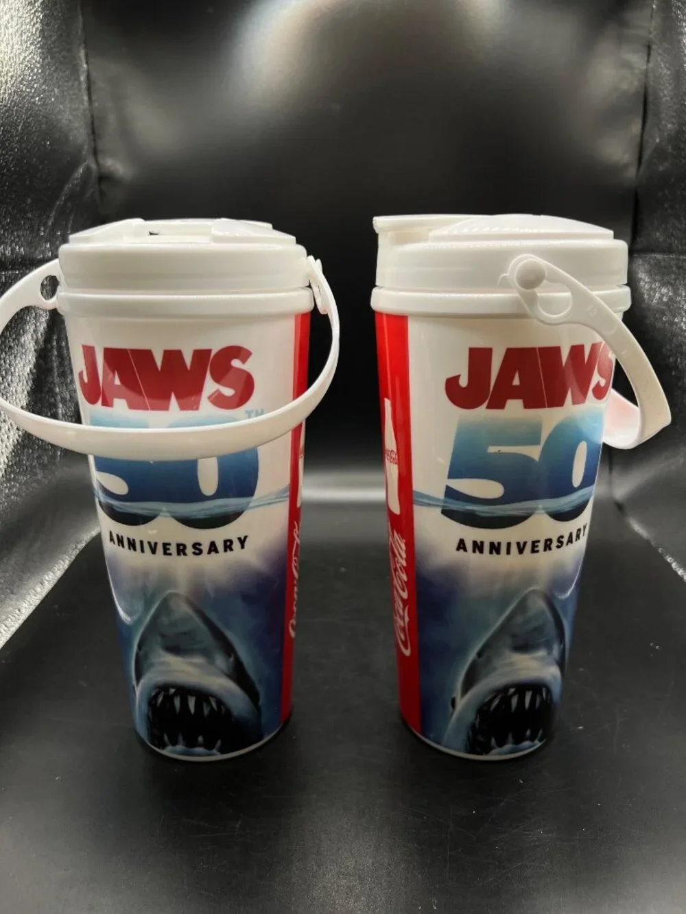 Jaws 50th Anniversary Coca-Cola Collectible Cups Lids Handles Set Of 2 EUC